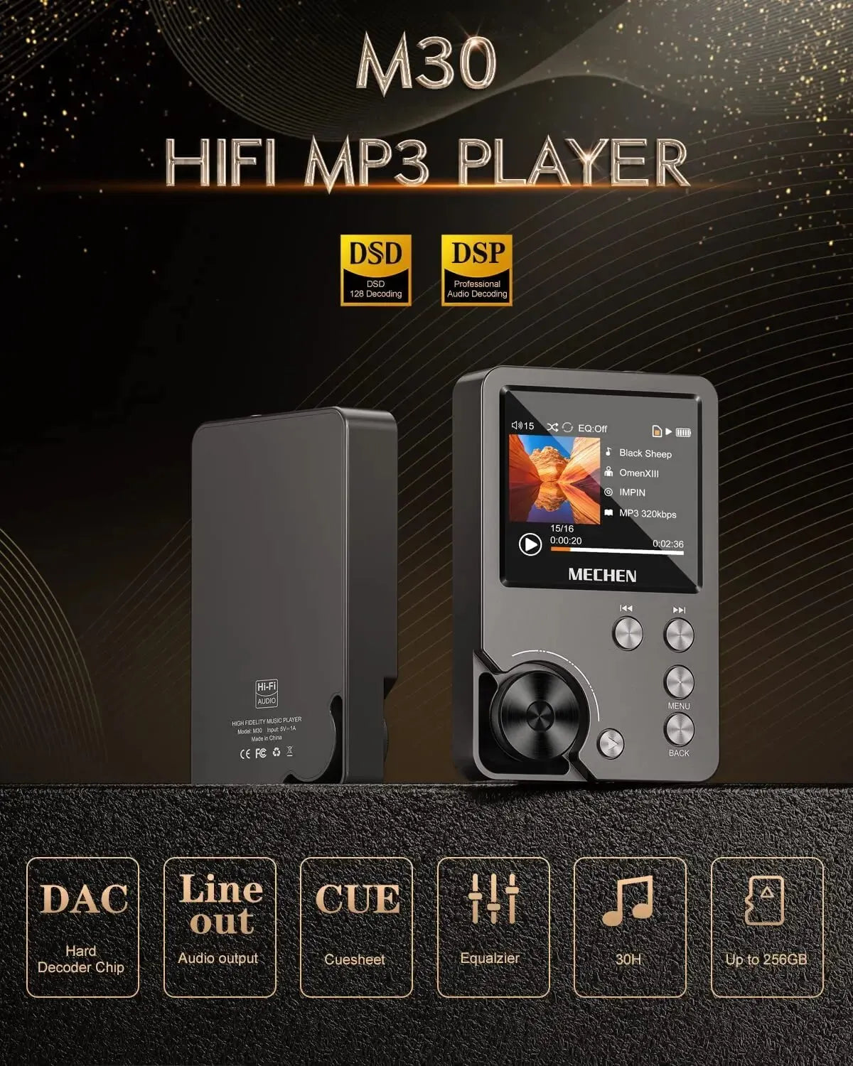 Lecteur MP3 sans perte de haute qualité/MECHEN-M30/HiFi/avec carte mémoire 64GB supportant jusqu'à 256GB